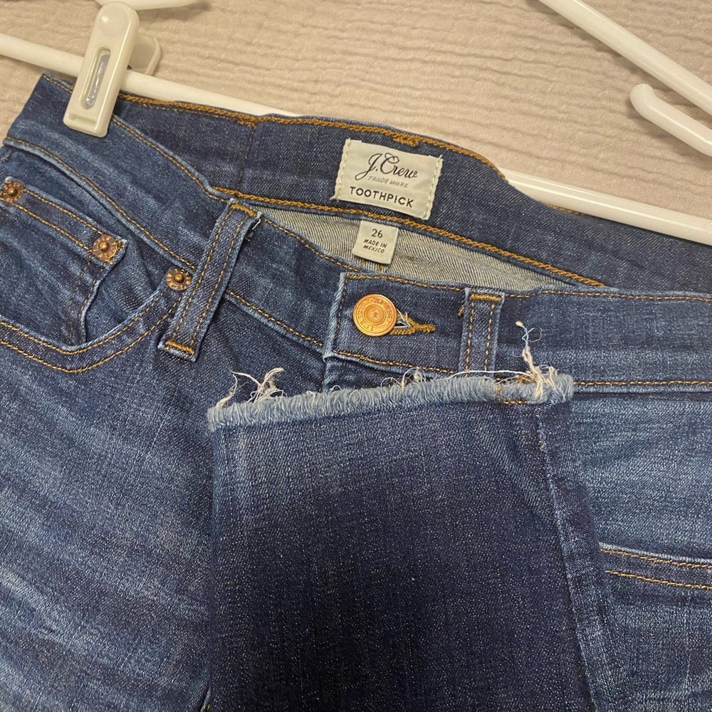 J Crew toothpick jean with frayed ankle detail